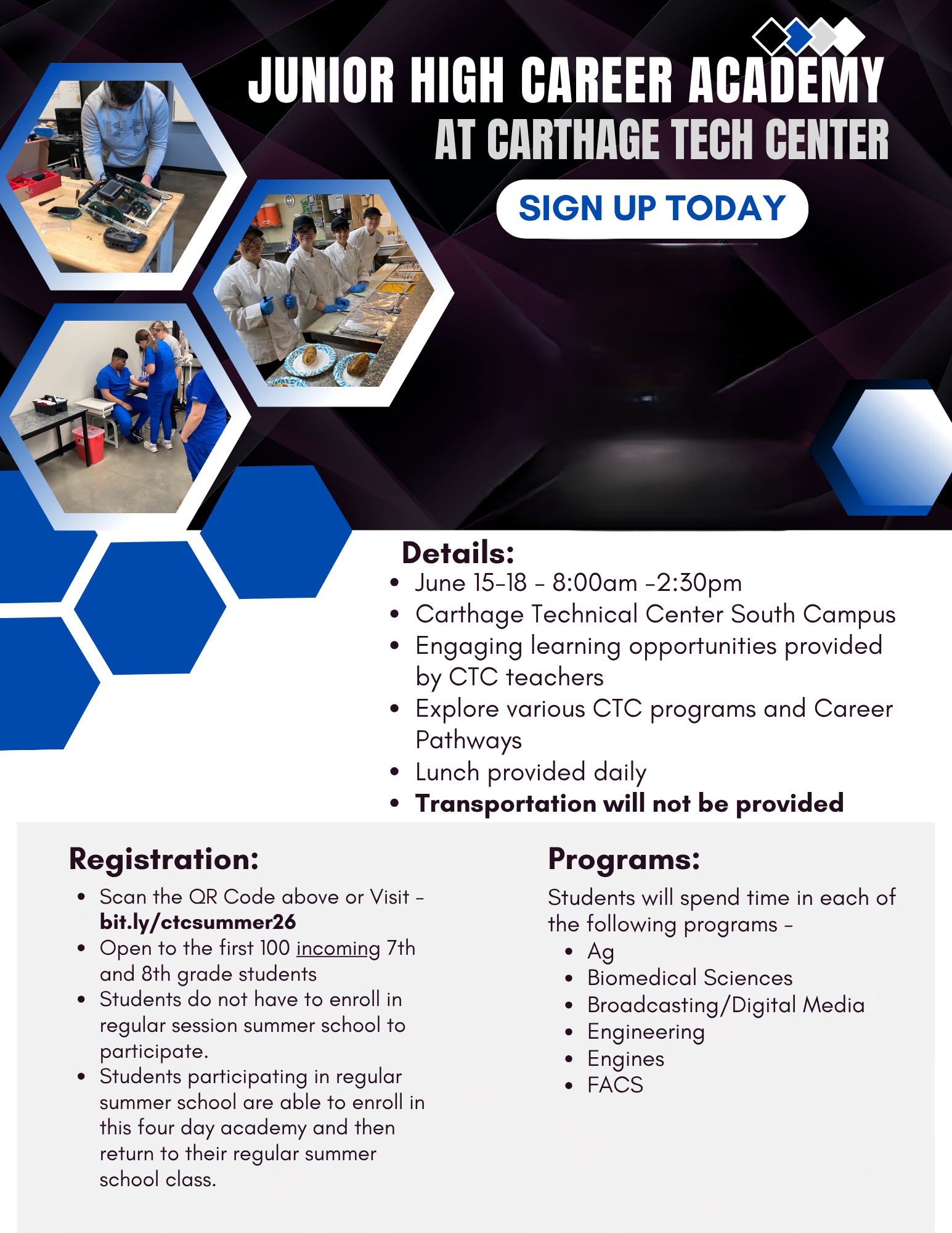 a graphic designed flyer about Junior High Career Academy at Carthage Tech center